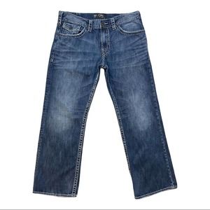 Men’s Silver Distressed Zac Flap Pocket Jeans White Thread Straight Leg 36x30